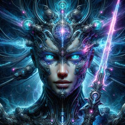 The primary subject of the image is a futuristic, cyberpunk-style character with a mix of human and mechanical features. The character is wearing a headpiece with a sword, and their eyes are glowing with a blue light. The setting is a futuristic environment, possibly a space station or a high-tech city. The visual style is a combination of digital art and illustration, creating a unique and intriguing image. The colors and mood of the image are predominantly dark and mysterious, with the blue glowing eyes adding a touch of intensity and otherworldliness.